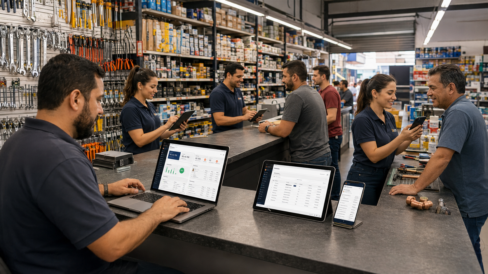 Equipe atendendo clientes em loja de ferragens usando app Android, tablets, notebook e computador