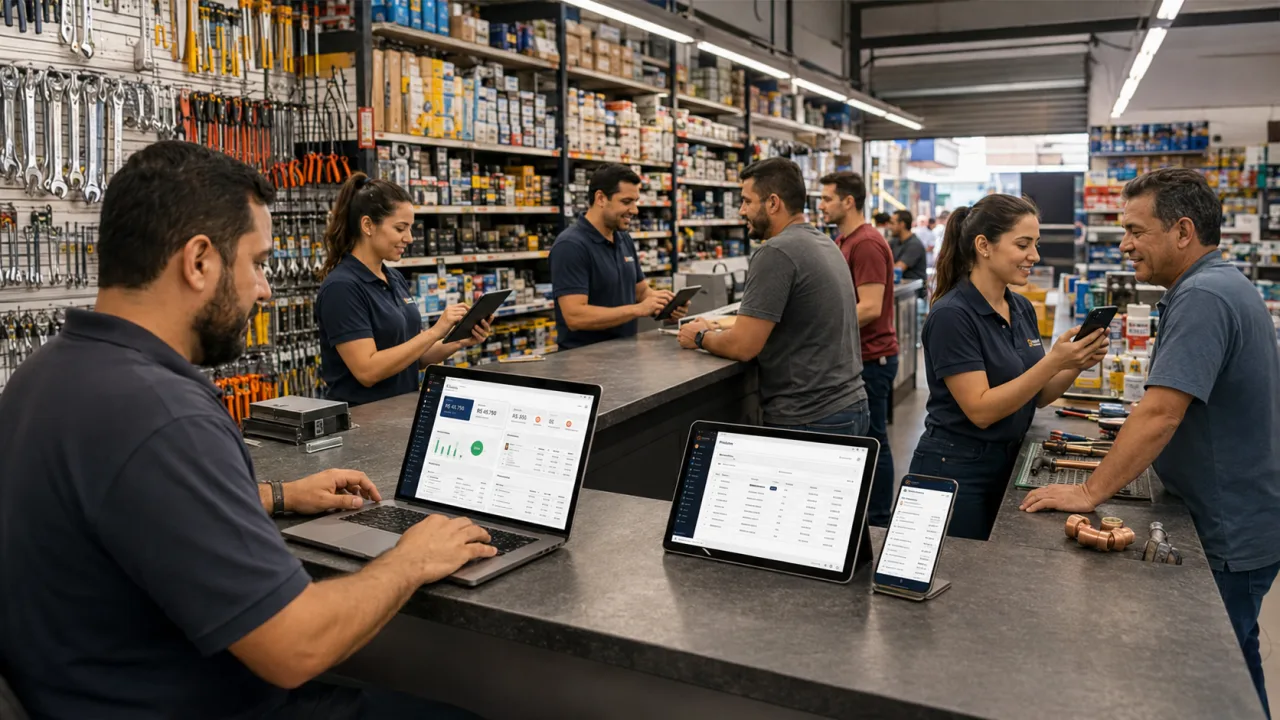 Equipe atendendo clientes em loja de ferragens usando app Android, tablets, notebook e computador
