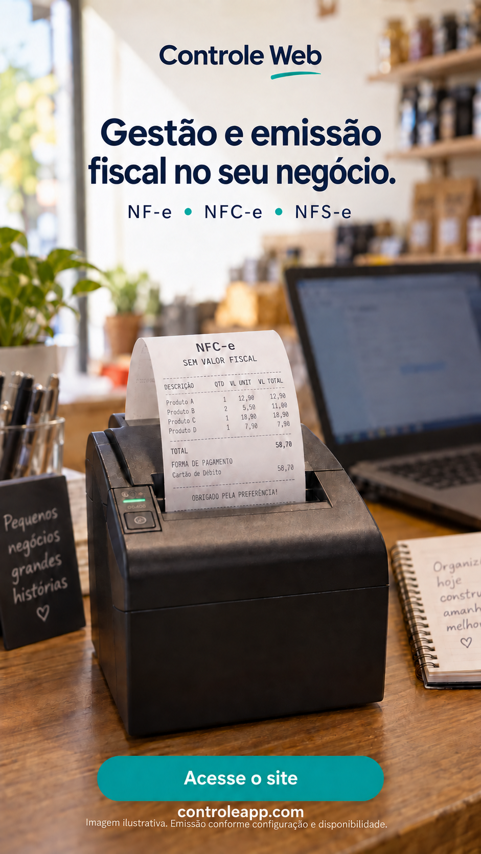 Peça ilustrativa do Controle Web sobre gestão e emissão de NF-e, NFC-e e NFS-e